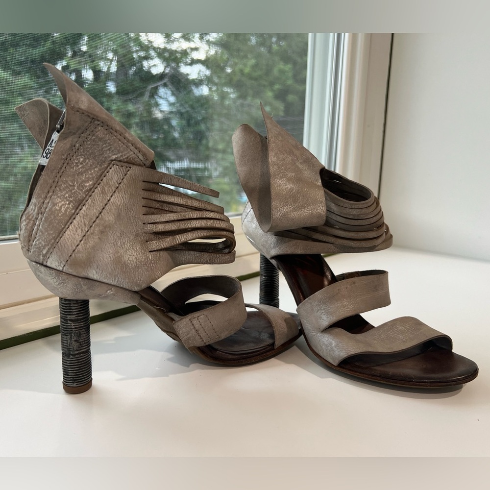 A.S.98 Metallic Silver Gray Strappy Sculpted Heel Sandals 37 - Picture 10 of 14